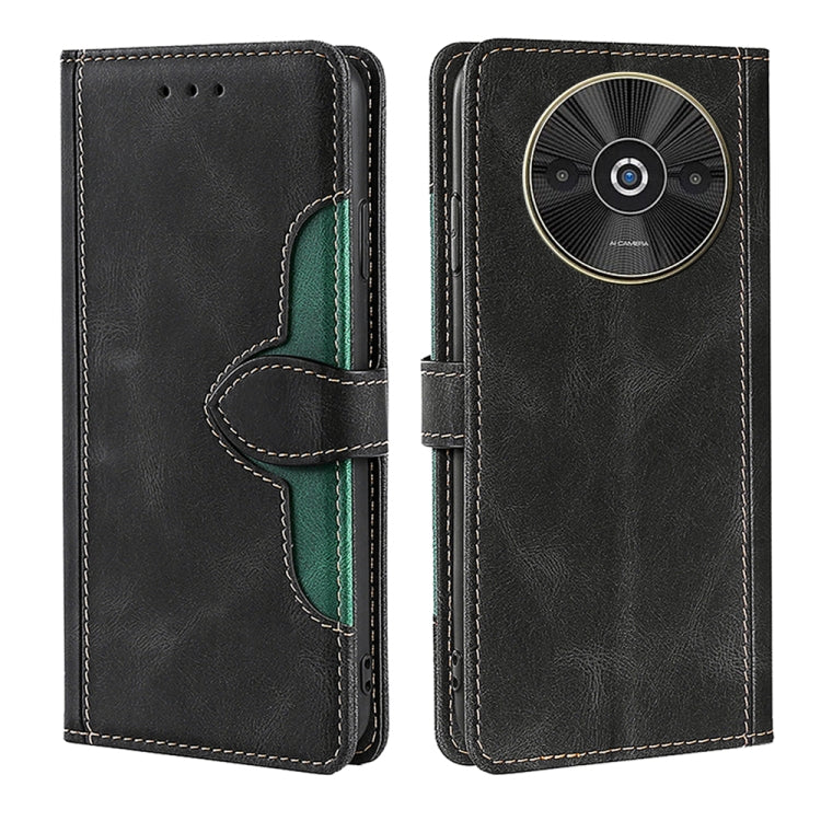 Black leather phone case with magnetic strap and card slot, green trim, camera cutout