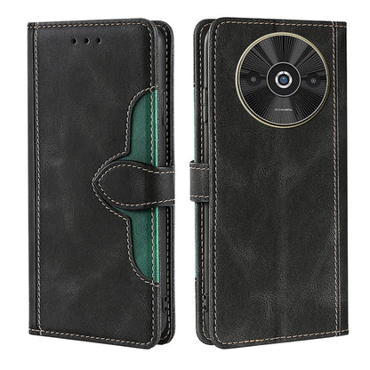 Black leather phone case with magnetic strap and card slot, green trim, camera cutout