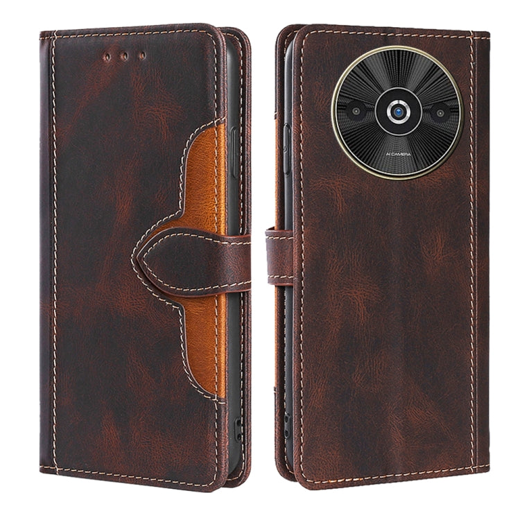 Brown leather phone case with magnetic strap and card slot, orange trim, camera cutout