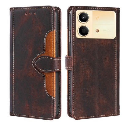 Brown leather flip phone case with magnetic buckle and stitched card pocket