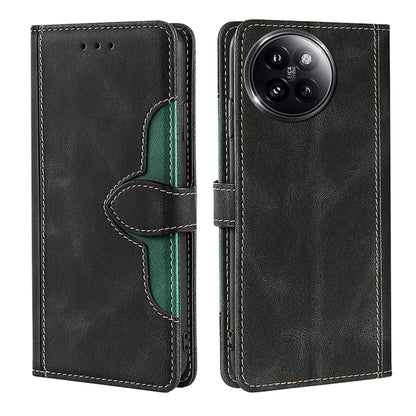 Black leather phone case with magnetic strap and card slot, green trim, side cutouts
