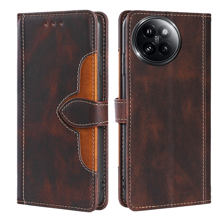 Brown leather phone case with magnetic strap and card slot, orange trim, side cutouts