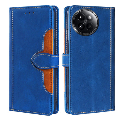 Blue leather phone case with magnetic strap and card slot, orange trim, side cutouts