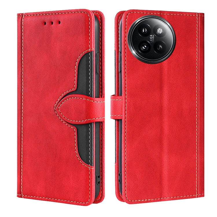 Red leather phone case with magnetic strap and card slot, black trim, side cutouts