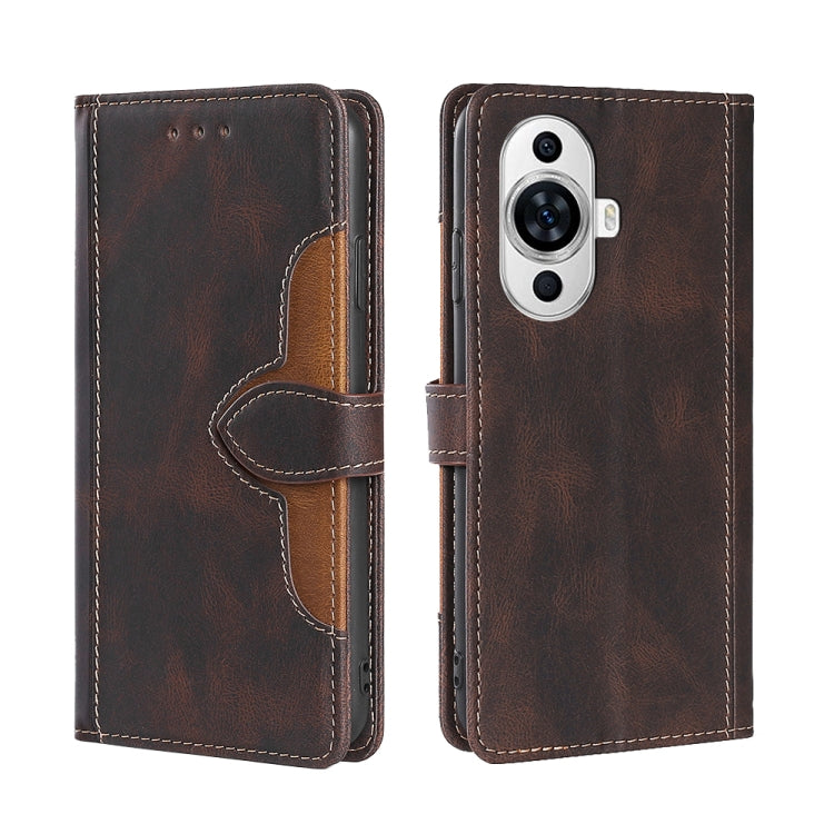 Brown magnetic buckle leather phone case with card slots, wallet flap, camera cutout.