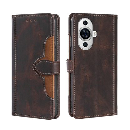 Brown magnetic buckle leather phone case with card slots, wallet flap, camera cutout.