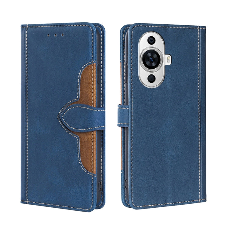 Blue magnetic buckle leather phone case with card slots, wallet flap, camera cutout.