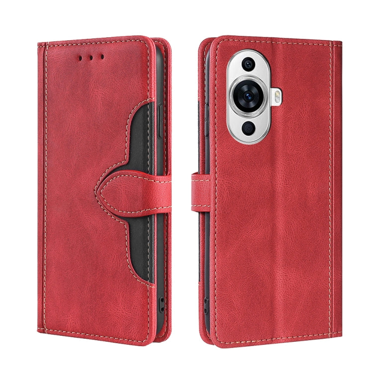 Red magnetic buckle leather phone case with card slots, wallet flap, camera cutout.