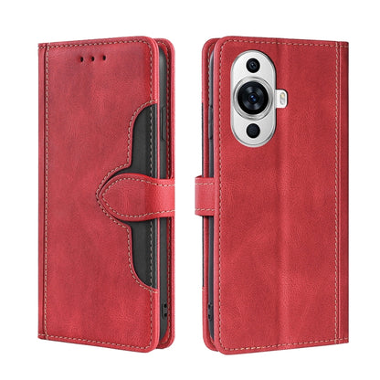 Red magnetic buckle leather phone case with card slots, wallet flap, camera cutout.