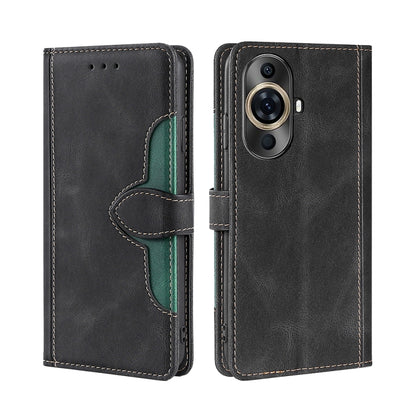 Dark gray magnetic buckle leather phone case with card slots, wallet flap, camera cutout.