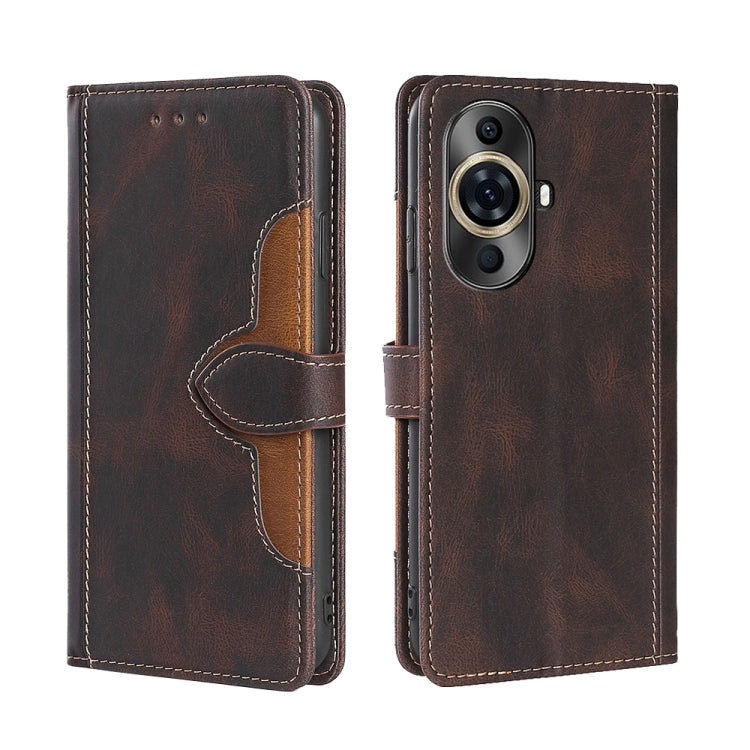 Brown magnetic buckle leather phone case with card slots, wallet flap, camera cutout.