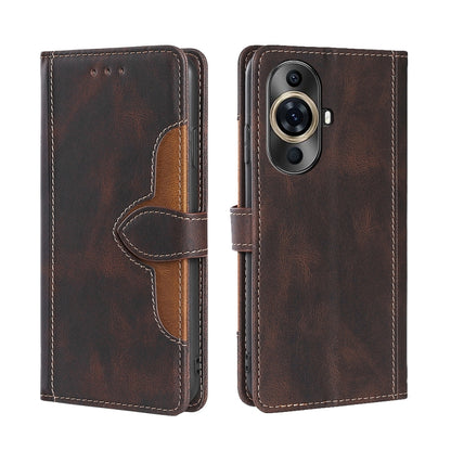 Brown magnetic buckle leather phone case with card slots, wallet flap, camera cutout.