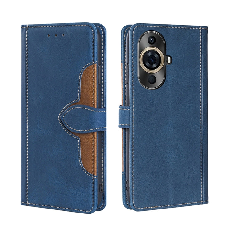 Blue magnetic buckle leather phone case with card slots, wallet flap, camera cutout.