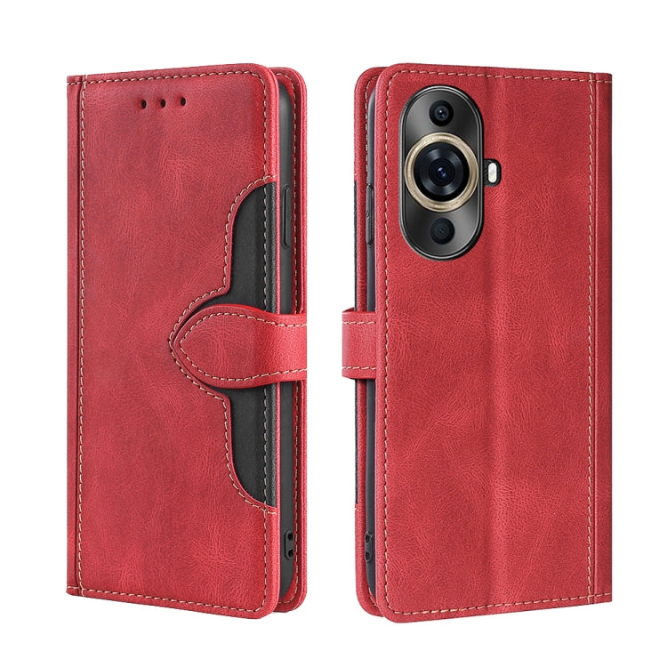 Red magnetic buckle leather phone case with card slots, wallet flap, camera cutout.