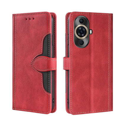 Red magnetic buckle leather phone case with card slots, wallet flap, camera cutout.