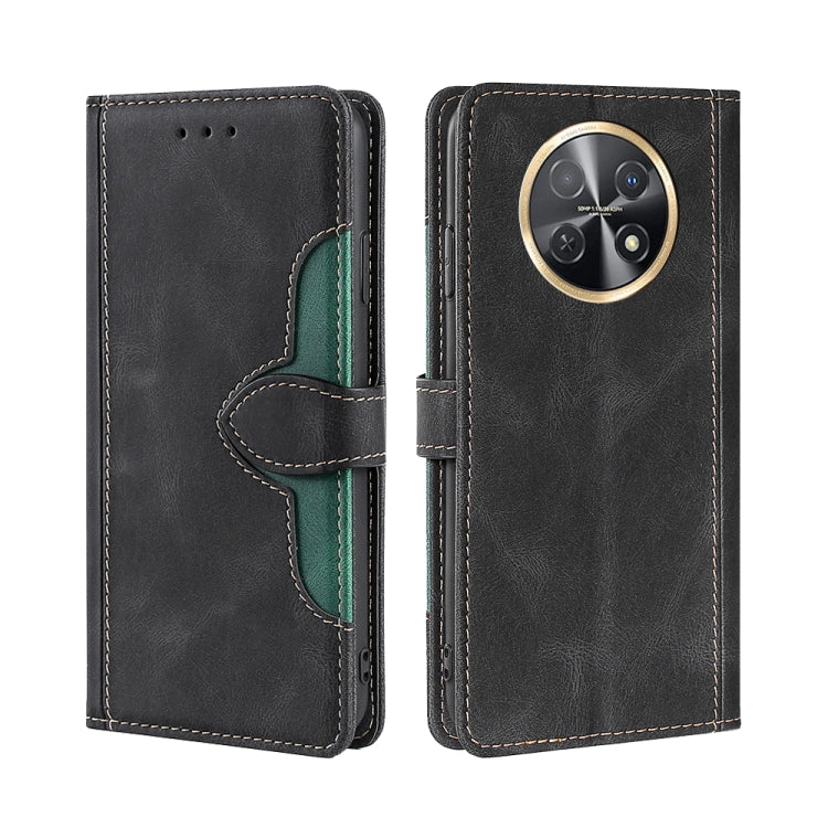 Magnetic buckle leather phone case in dark color with green interior and triple camera