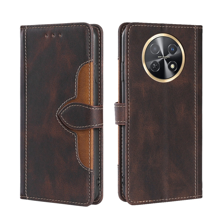 Magnetic buckle leather phone case in brown with tan interior and triple camera