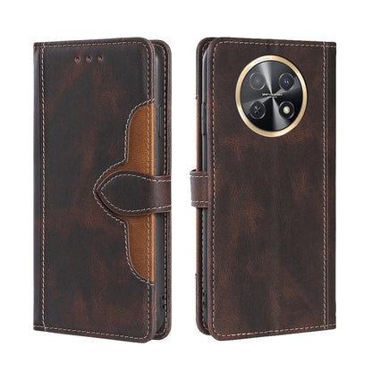 Magnetic buckle leather phone case in brown with tan interior and triple camera