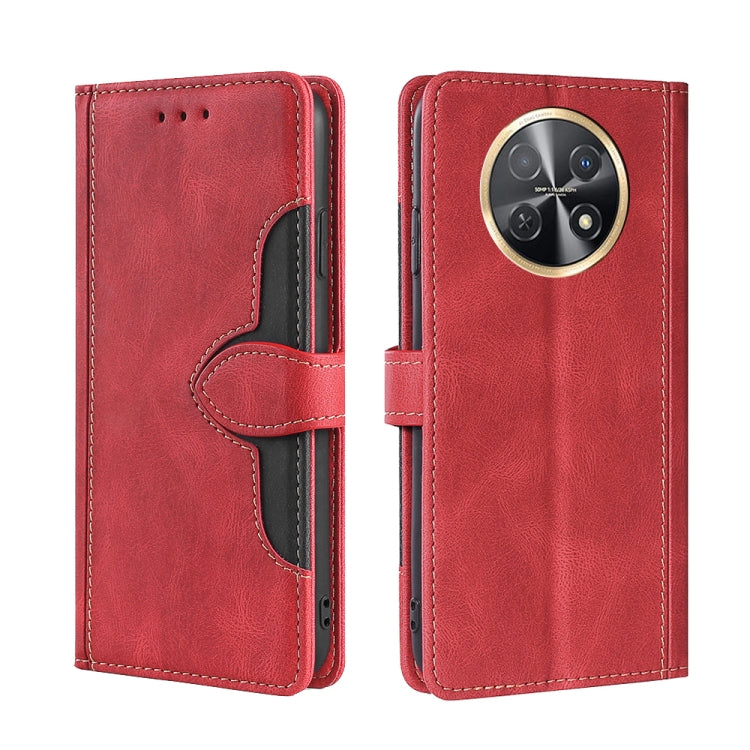 Red magnetic buckle leather phone case with card slots, wallet flap, camera cutout.