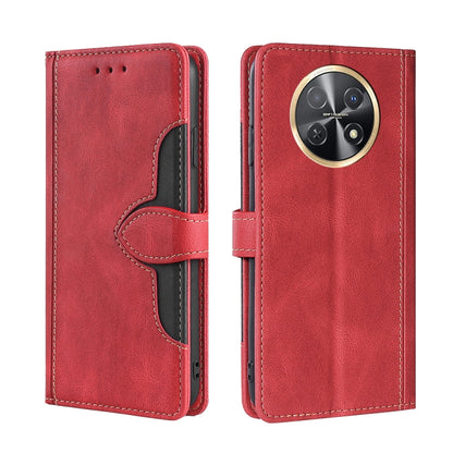 Red magnetic buckle leather phone case with card slots, wallet flap, camera cutout.