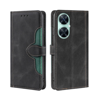 Magnetic buckle leather phone case in dark color with green interior and camera cutout