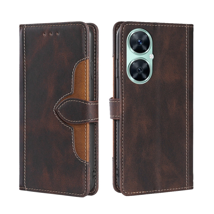 Magnetic buckle leather phone case in brown with tan interior and camera cutout