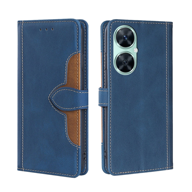 Magnetic buckle leather phone case in blue with orange interior and camera cutout