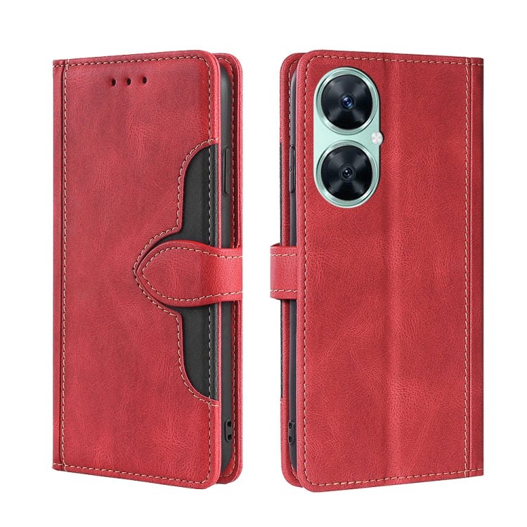 Magnetic buckle leather phone case in red with dark interior and camera cutout