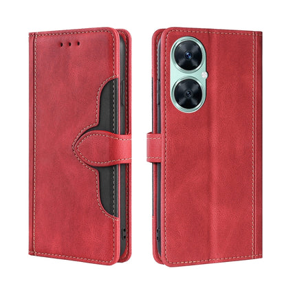 Magnetic buckle leather phone case in red with dark interior and camera cutout
