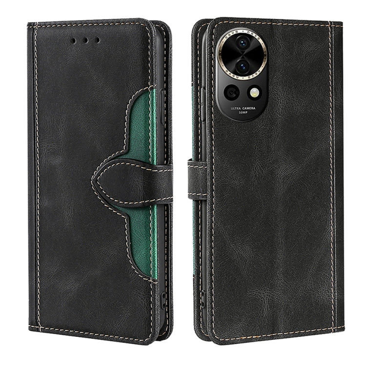Magnetic buckle leather phone case in dark color with green interior, front and back view