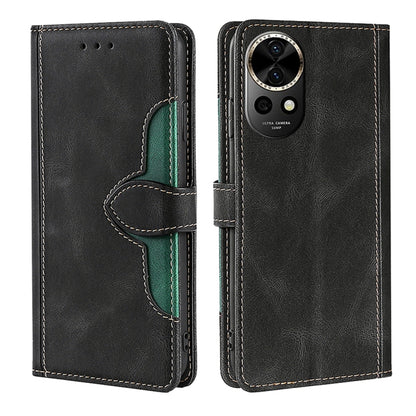 Magnetic buckle leather phone case in dark color with green interior, front and back view