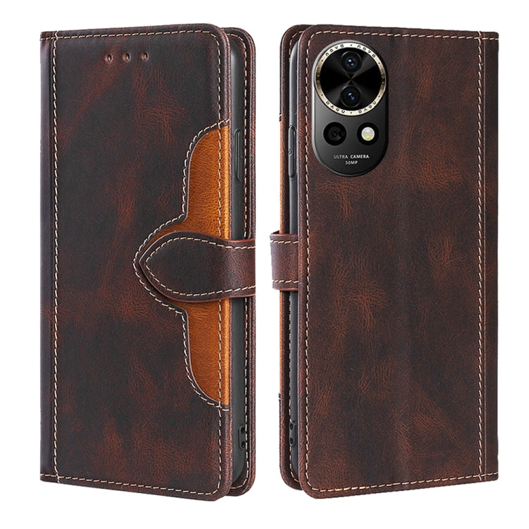 Magnetic buckle leather phone case in brown with orange interior, front and back view