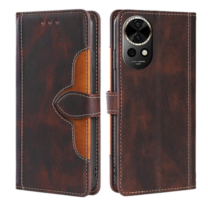 Magnetic buckle leather phone case in brown with orange interior, front and back view