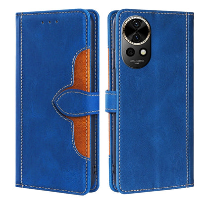 Magnetic buckle leather phone case in blue with orange interior, front and back view