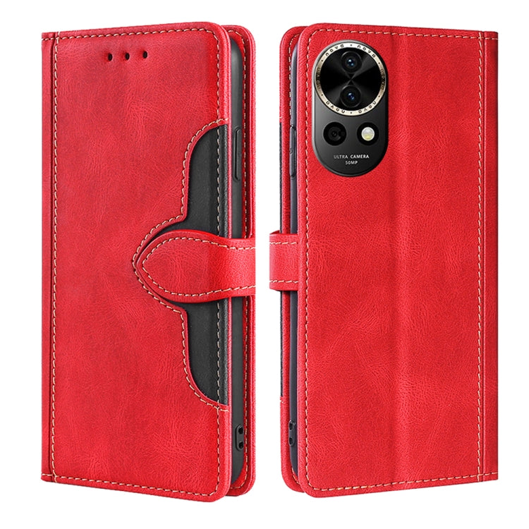 Magnetic buckle leather phone case in red with dark interior, front and back view