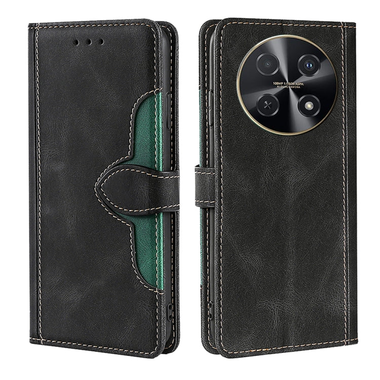 Black leather magnetic buckle phone case with green accents and stitched folio flap