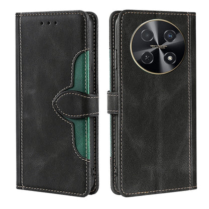 Black leather magnetic buckle phone case with green accents and stitched folio flap