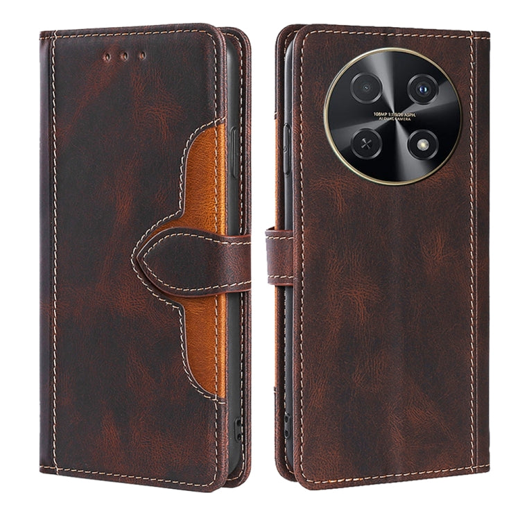 Brown leather magnetic buckle phone case with orange accents and stitched folio flap