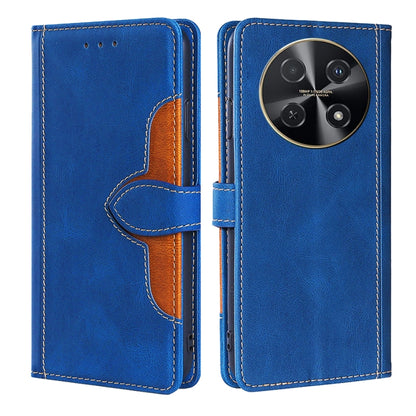 Blue leather magnetic buckle folio phone case with camera cutout and stitched flap