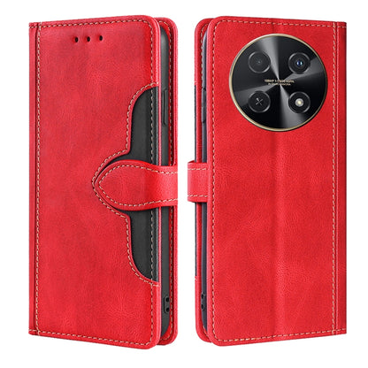 Red leather magnetic buckle folio phone case with camera cutout and stitched flap