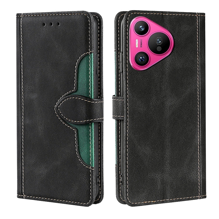 Black leather magnetic buckle folio phone case with green accents and camera cutout