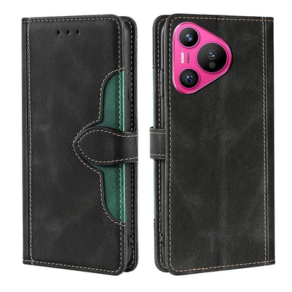 Black leather magnetic buckle folio phone case with green accents and camera cutout