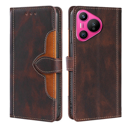 Brown leather magnetic buckle folio phone case with orange accents and camera cutout