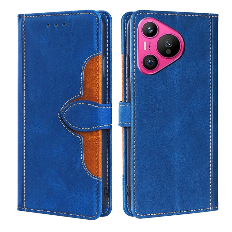 Blue leather magnetic buckle folio phone case with camera cutout and stitched flap