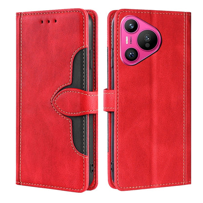 Red leather magnetic buckle folio phone case with camera cutout and stitched flap