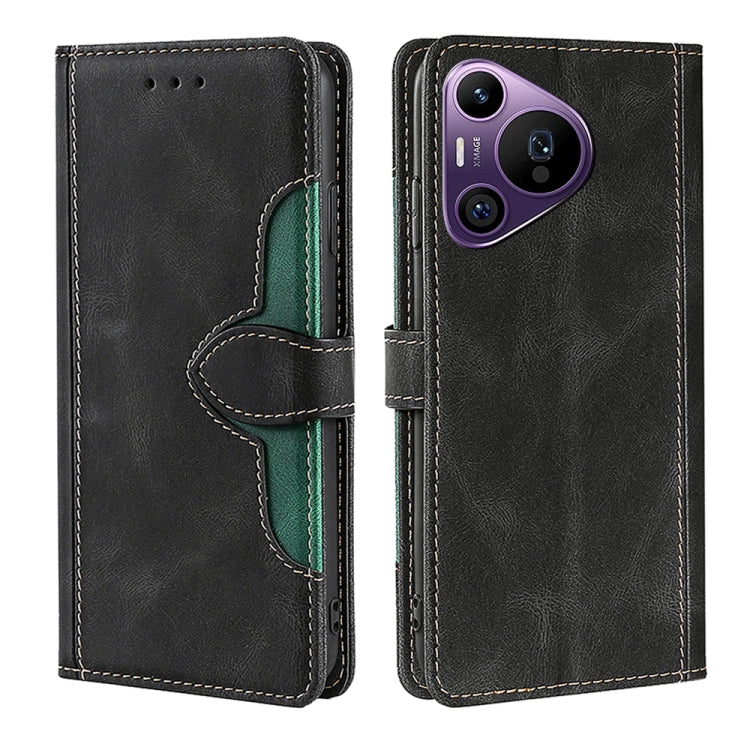 Black leather phone case with magnetic buckle and card holder, front and back views