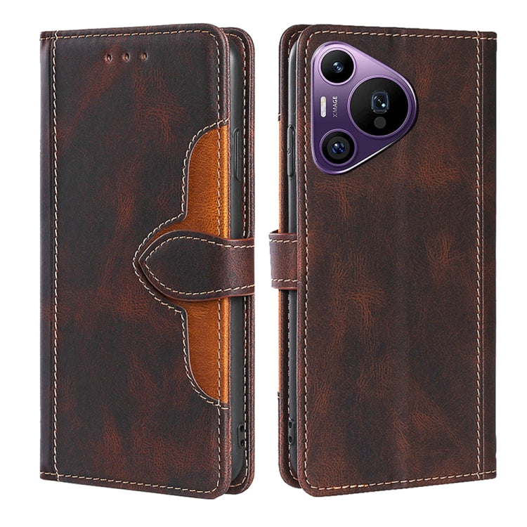 Brown leather phone case with magnetic buckle and card holder, front and back views