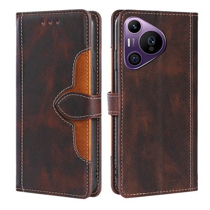 Brown leather phone case with magnetic buckle and card holder, front and back views