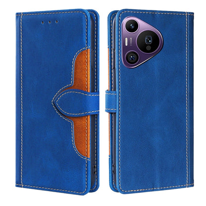 Blue leather phone case with magnetic buckle and card holder, front and back views