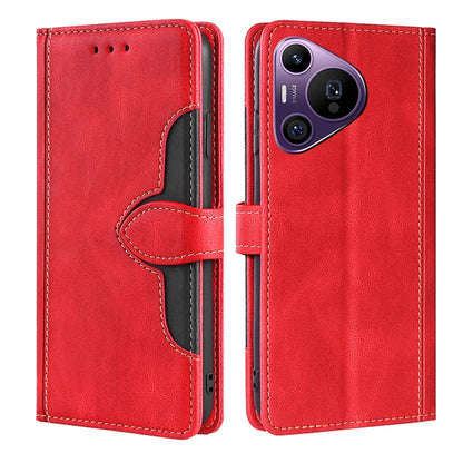 Red leather phone case with magnetic buckle and card holder, front and back views